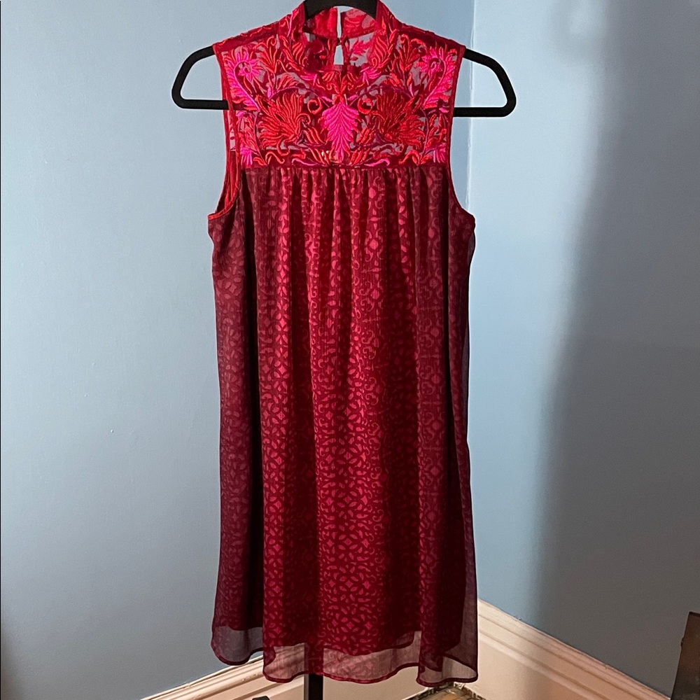 Anthropologie Niki Mahajan Amara Embroidered Yoke High Neck Swing Trapeze Dress